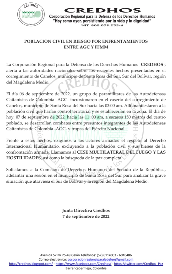 La ONG expresó su preocupación por la situación de orden público que se está viviendo al sur de Bolívar.