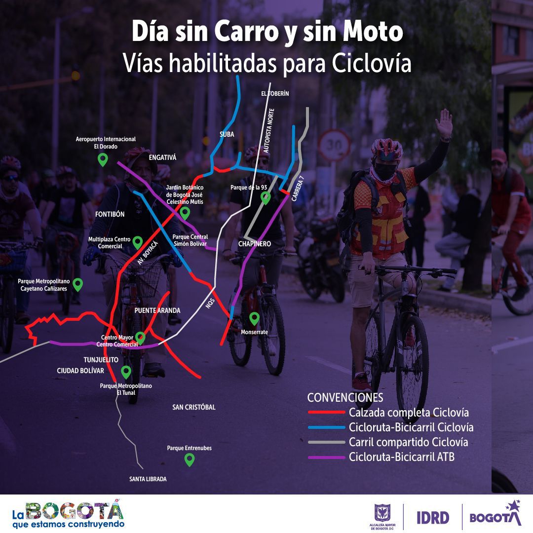 En la imagen, rutas para ciclovía en el día sin carro y moto en Bogotá. Foto: IDRD