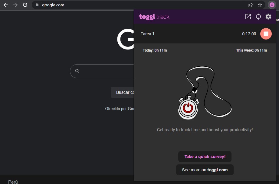 Extensión Toggl Track en Google Chrome (Captura)