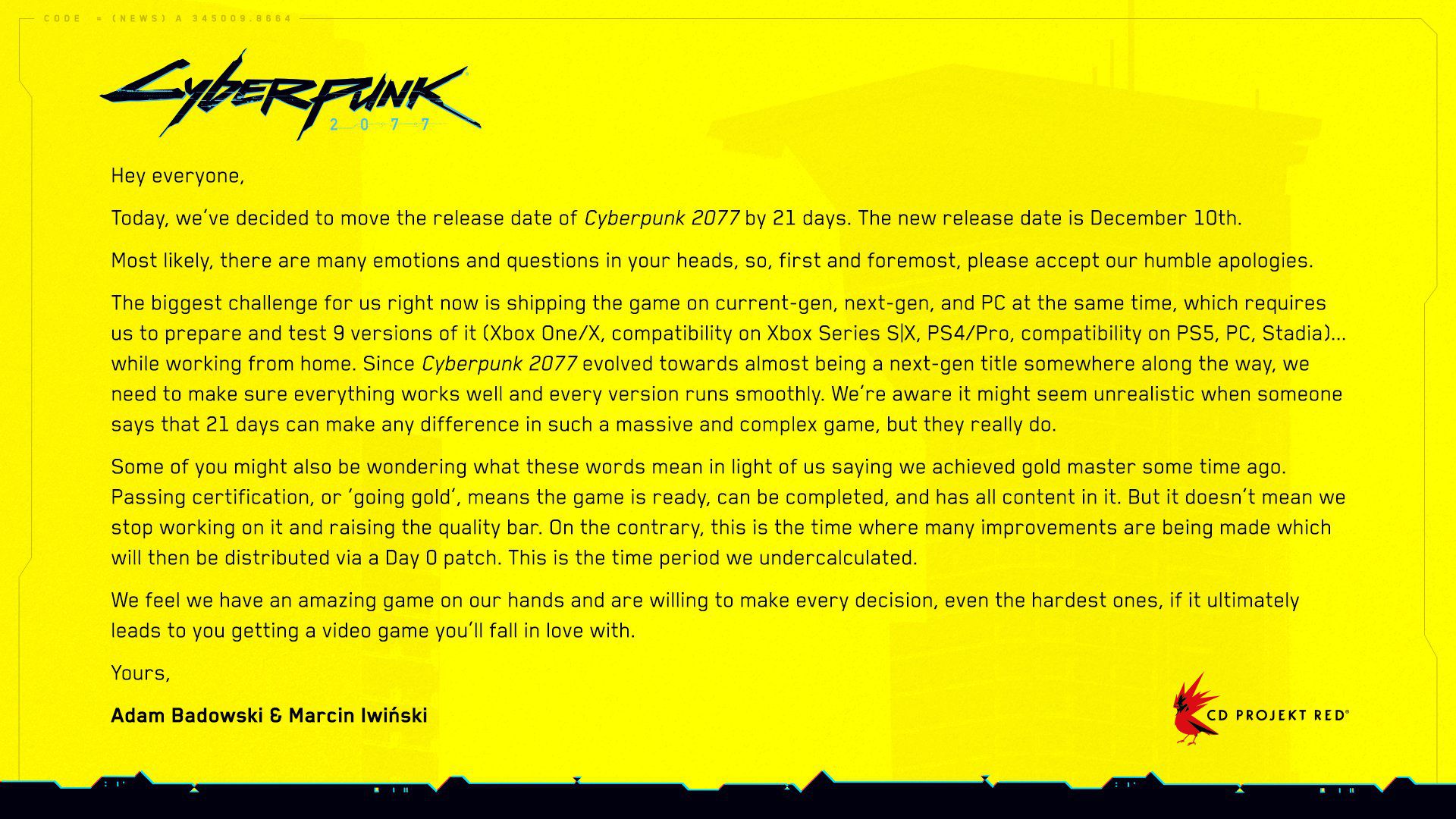 Comunicado oficial de CD Projekt sobre el nuevo retraso del Cyberpunk 2077