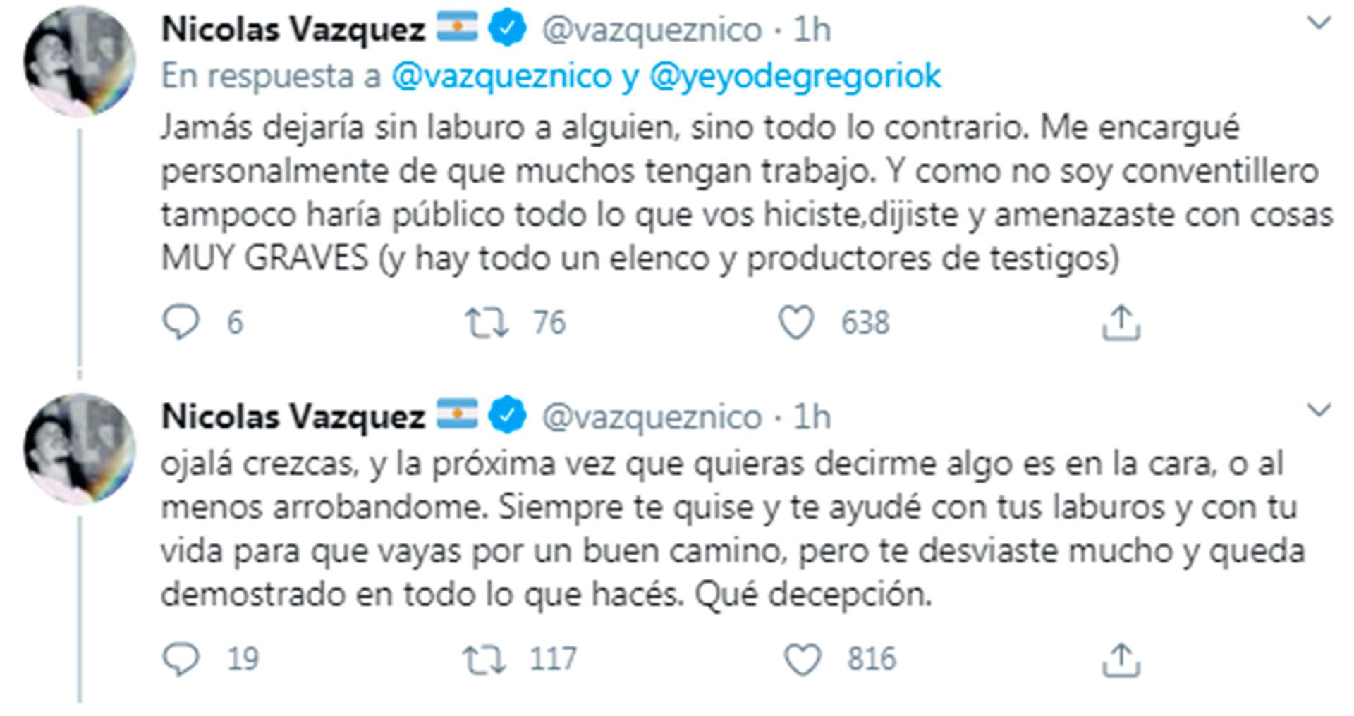 Nico Vazquez tuits contra De Gregorio