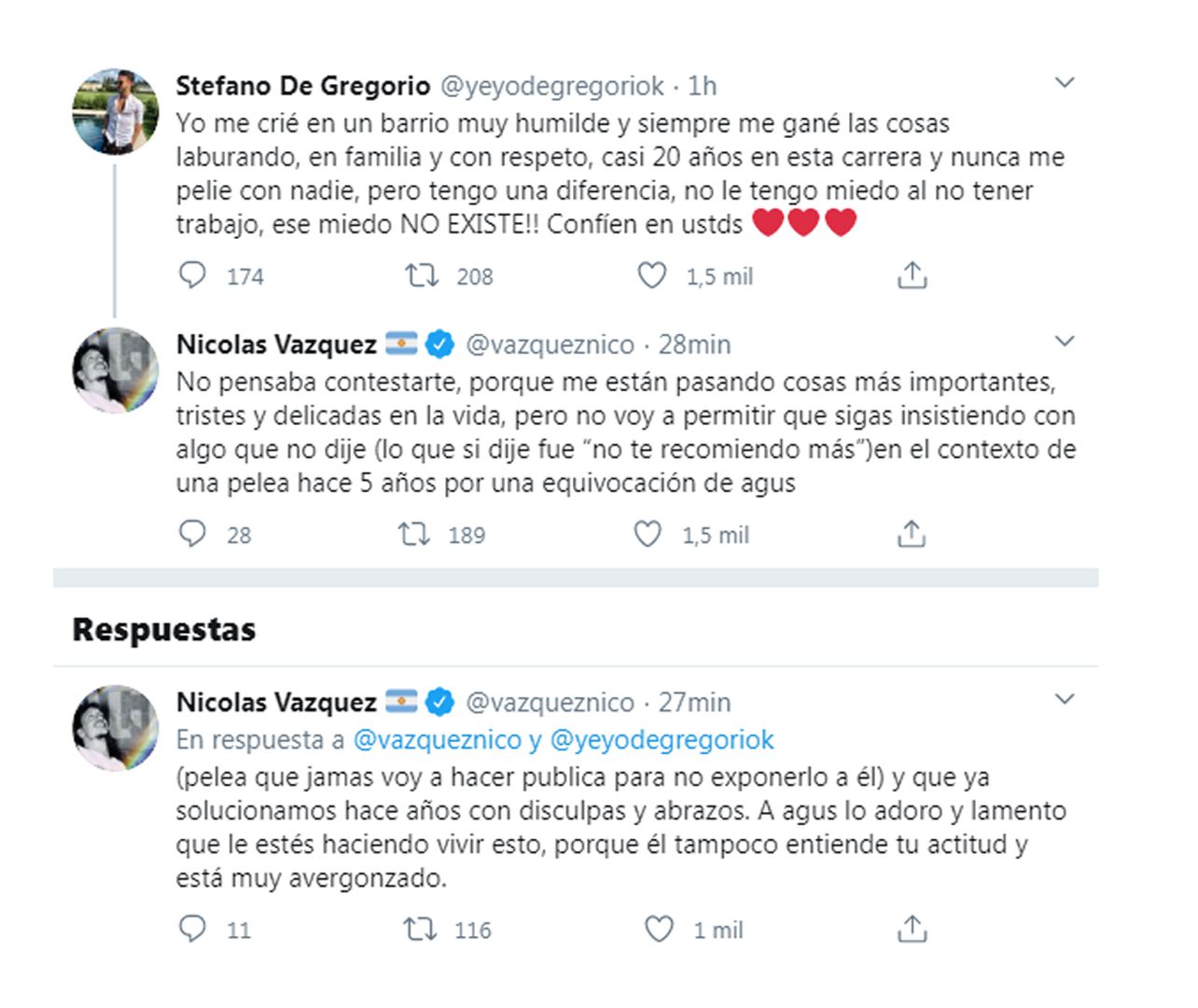 Nico Vázquez le respondió a Stéfano de Gregorio
