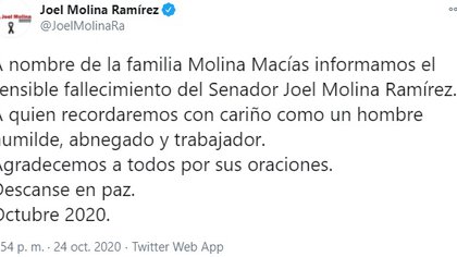 La noticia fue confirmada en la cuenta de Twitter del legislador (Foto: Twitter/@JoelMolinaRa)