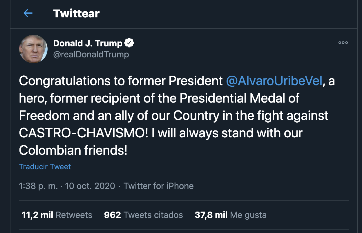 Presidente Donald Trump felicita a Álvaro Uribe