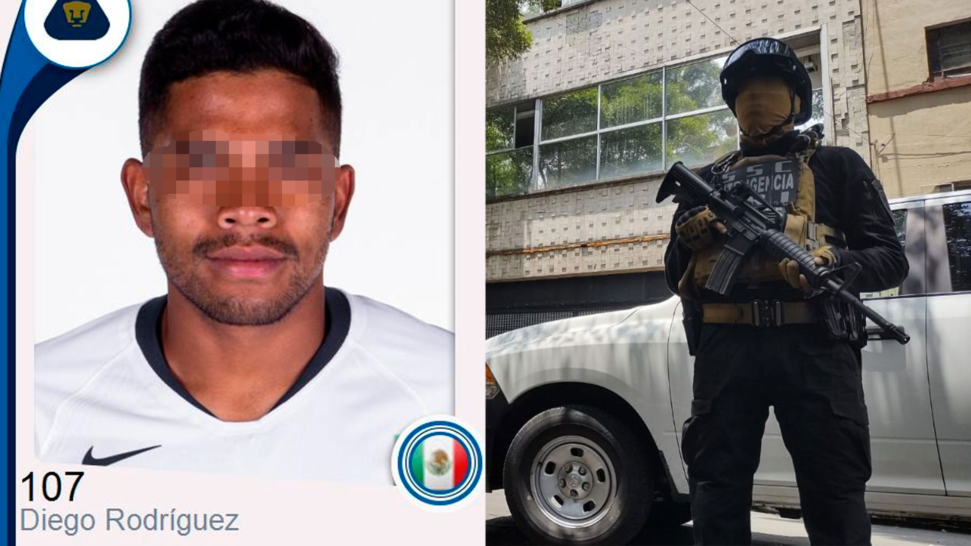 Diego Rodríguez, exjugador de Pumas detenido en CDMX. Imágenes: Liga MX y SSC-CDMX