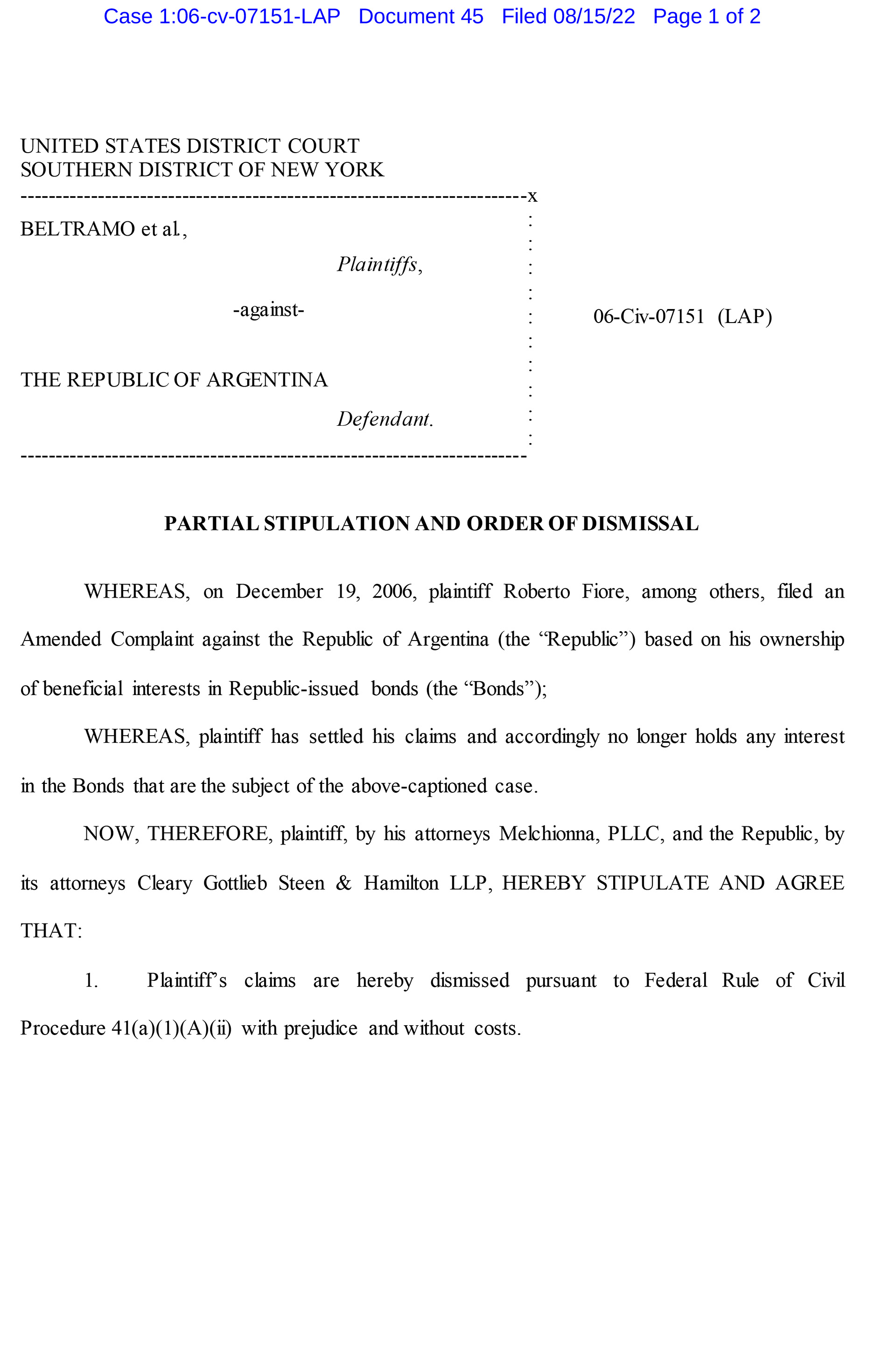 El texto del acuerdo del Gobierno con un bonista en Nueva York en sede judicial